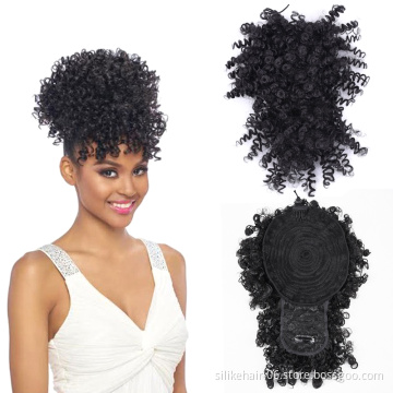 Soft Black Brown Wrap-wig Puffy Bun with Bangs Drawstring Wigs Short Kinky Curly Wig With Bangs Synthetic Hair Extensions